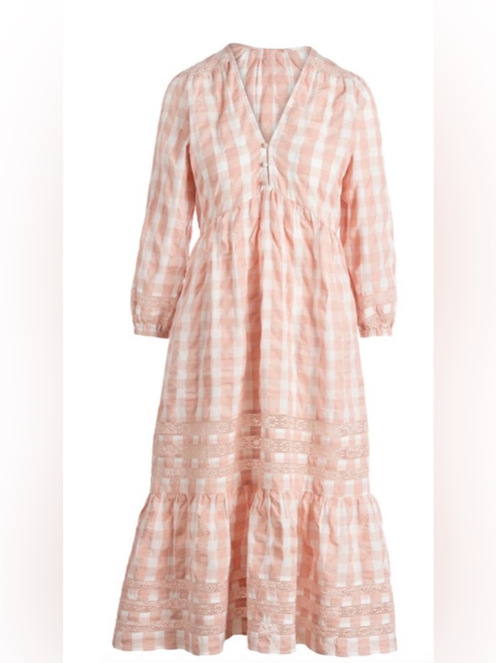 Baybala Pink Gingham Tiered Lace Midi Dress Cottagecore Boho Size XS